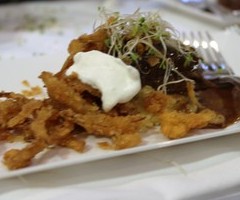 Braised Short Rib of Beef, Cheddar Polenta, horseradish Foam, and Natural Pan 